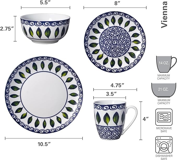 Mikasa Vienna 16 Piece Dinnerware Set | Elegant and Lightweight White Porcelain with Green Leaf & Blue Scroll Design | Service for 4 | Microwave & Dishwasher Safe