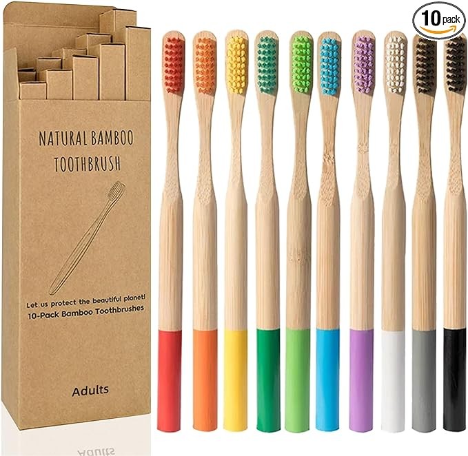 Bamboo Toothbrush for Adult 10pcs, Biodegradable Eco-Friendly Natural Organic Bamboo Charcoal Toothbrushes Soft Bristles (Multi-Color 10 Pack)