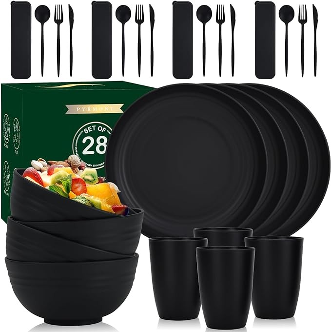 28-Piece Wheat Straw Dinnerware Sets, Microwave & Dishwasher Safe Unbreakable Dinnerware Set, Reusable Dishware Sets, Lightweight Camping Dishes, Plates, Cups, Cereal Bowls for 4（Black） Visit the PYRM