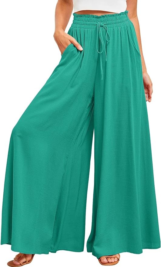 Vidifid Womens Casual Wide Leg Pants Ruffle Elastic Drawstring Beach Palazzo Loose Pants Comfy Trousers with Pockets