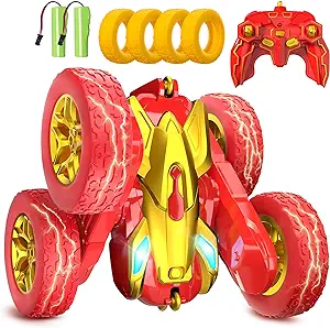 Terucle Remote Control Car, 2024 New RC Cars Stunt RC Car Toys for Ages 5-7 Double-Sided 360° Rotating with Headlights 4WD Kid Toys for Boys Girls Birthday Gifts (Red)