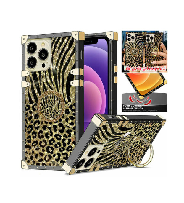 Bling Square Leopard Flower Phone Case For iPhone 14 13 12 11 Pro Max XR 8 7 SE